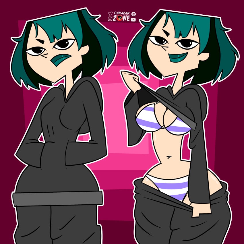 1girls 2d_(artwork) big_breasts bikini carazar_zone clothing exhibitionism goth green_hair gwen_(tdi) solo_female tagme total_drama_island