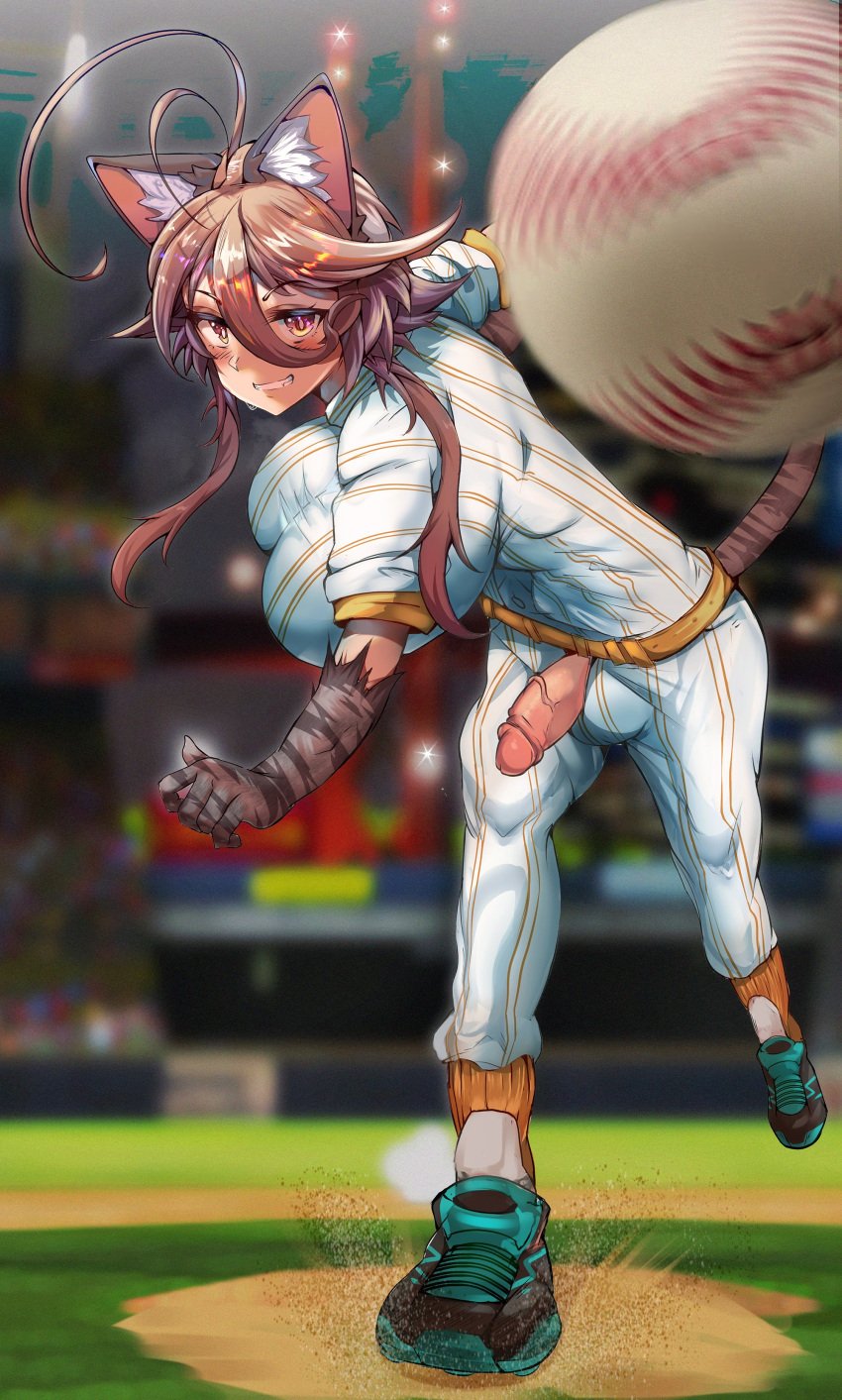 1futa 2022 accidental_exposure ahoge animal_ear_fluff animal_ears arashi_yagatake balls baseball baseball_uniform big_breasts big_penis breasts brown_hair cat_ears cat_tail catgirl clothed clothing exposed_penis flaccid futa_only futanari humanoid humanoid_penis kemonomimi light-skinned_futanari light_skin long_hair mostly_clothed original_character penis penis_out penis_slip public solo standing t3x throwing yagatake_arashi