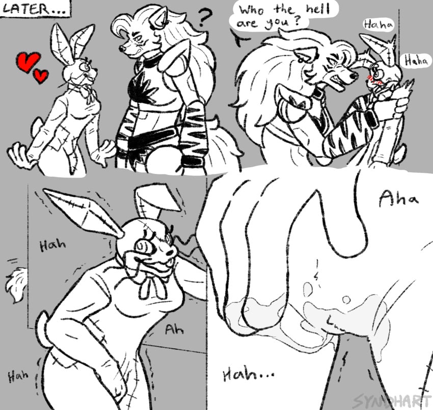 2girls animatronic anthro blush bodily_fluids canid canine canis clothing costume dialogue duo female female/female finger_fuck fingering five_nights_at_freddy's five_nights_at_freddy's:_security_breach genital_fluids heart hi_res intimidation lagomorph leporid machine mammal masturbation multiple_girls orgasm pussy_juice question_mark rabbit robot roxanne_wolf_(fnaf) scottgames size_difference syndhart text vaginal_penetration vanny_(fnaf) video_games wolf