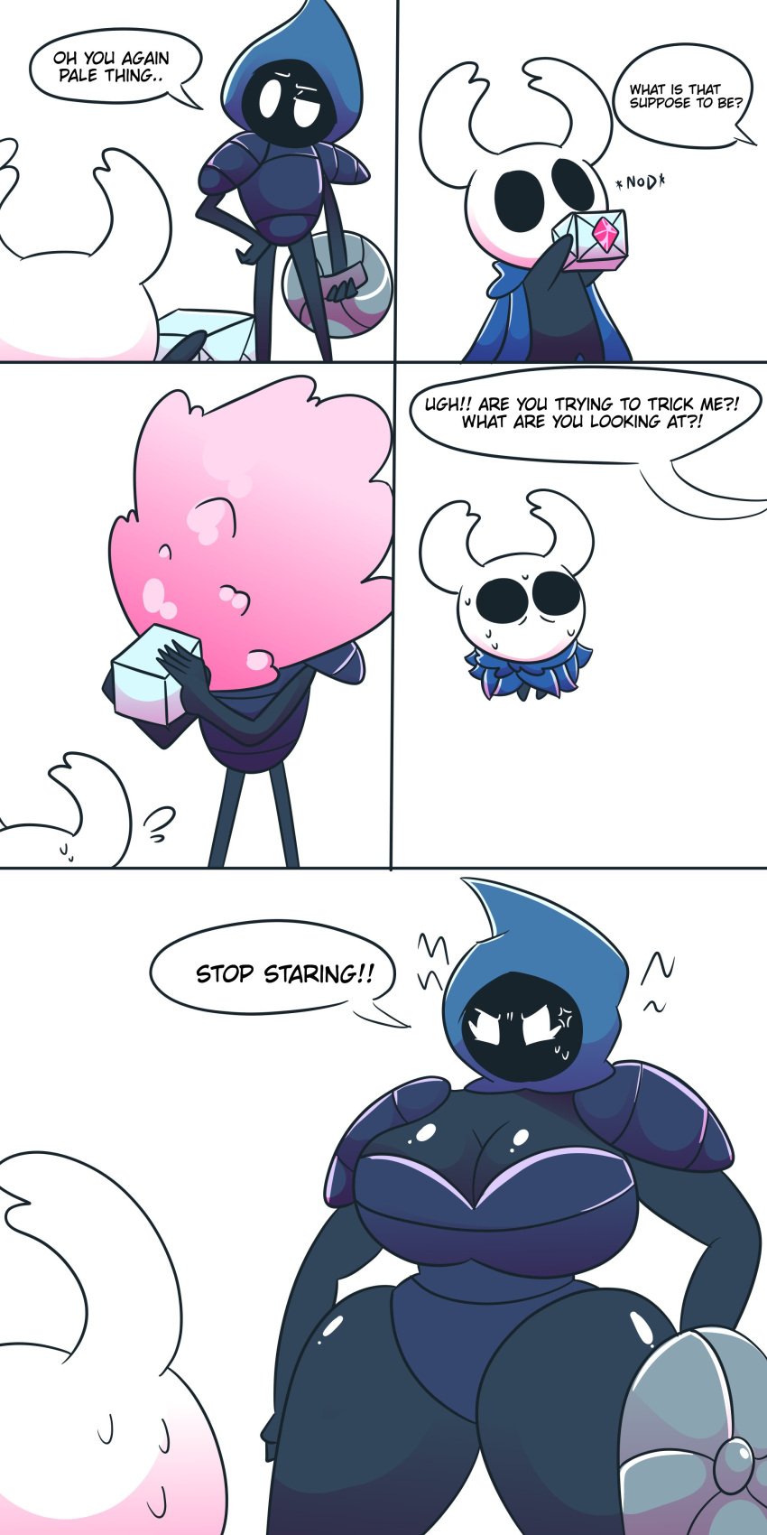 ass_expansion big_breasts breast_expansion comic cross-popping_vein crossgender gender_transformation hair_growth hollow_knight huge_breasts mtf_transformation oddly_bally protagonist_(hollow_knight) rule_63 team_cherry thick_thighs thigh_expansion tiso_(hollow_knight) transformation