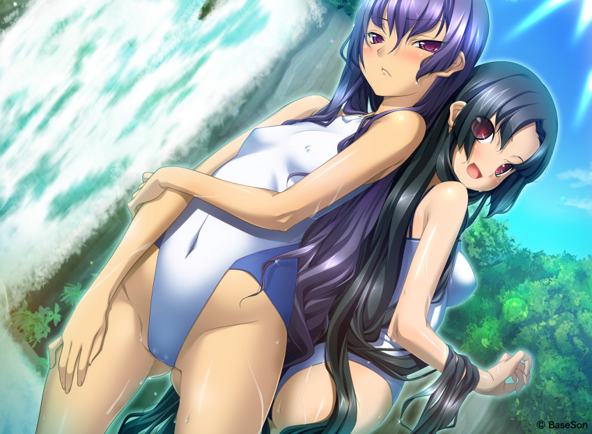 2girls ass blush chinese_girl chinese_girls female female_only kannei_kouha koihime†_(series) koihime_musou long_hair red_eyes shuutai_youhei small_breasts swimsuit very_long_hair violet_eyes violet_hair