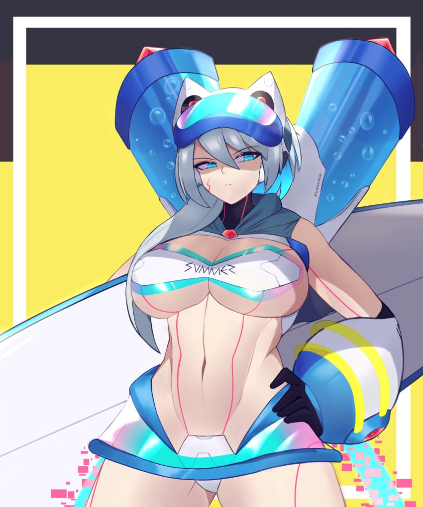 1girls big_breasts ico_(mega_man) mega_man mega_man_x_dive miolnel swimsuit swimsuit_ico_(x_dive) underboob wide_hips