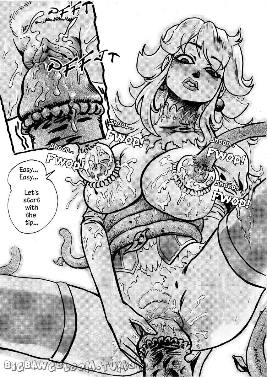 big_breasts big_penis bigbangbloom black_and_white breast_milking breasts choker comic comic_page dialogue earrings english_text guided_penetration huge_cock insertion lactating lactation large_insertion mario_(series) milking_tentacles monochrome nintendo partially_clothed piranha_plant plant princess_peach pussy saikyo3b speech_bubble super_mario_bros. tagme tentacle tentacles thighhighs vaginal vaginal_insertion vaginal_penetration vines