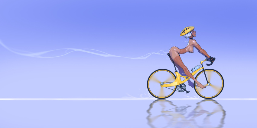 1girls bicycle casual casual_nudity closed_eyes dark_skin female female_only headwear helmet human medium_breasts nude open_mouth reflection reflective_floor short_hair side_view simple_background sitting solo tailbox tanline vehicle white_hair