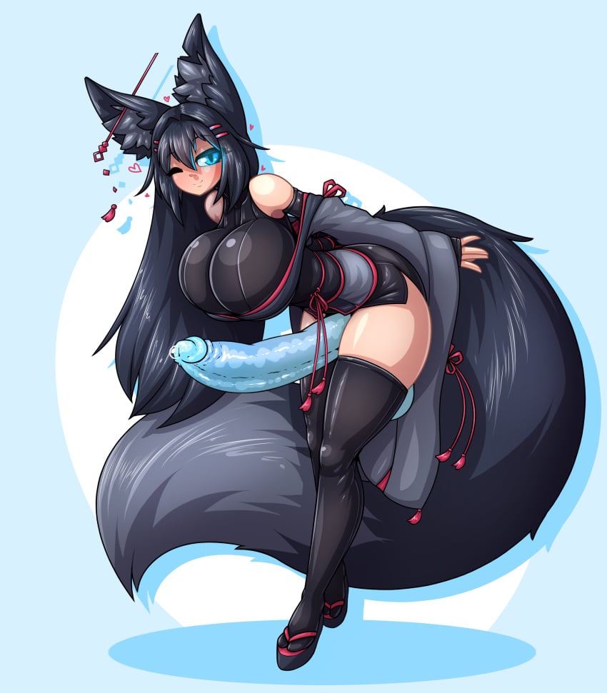 1futa 3rd_party_edit animal_ears balls blue_eyes blue_penis bottomless breasts clothed clothing edit fox_ears fox_girl fox_tail futa_only futanari humanoid humanoid_penis kemonomimi kiri_(sub-res) kitsune_with_glasses(editor) leaning leaning_forward light-skinned_futanari light_skin limebreaker long_sleeves looking_back mostly_clothed one_eye_closed original penis precum solo thighhighs