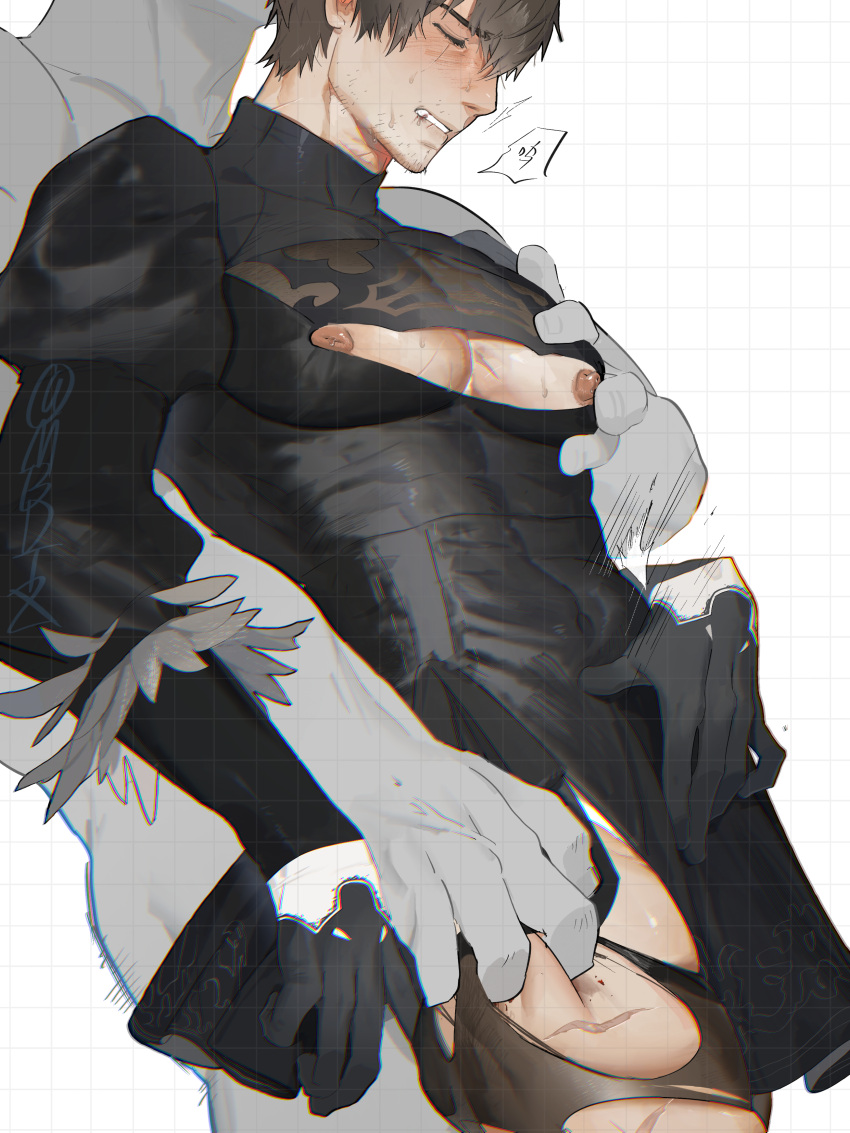 2boys absurdres adventurer_(ff14) bangs bara black_dress black_hair blush cleavage_cutout closed_eyes clothing_cutout cosplay crossdressing crossplay dress facial_hair feather-trimmed_sleeves feather_trim final_fantasy final_fantasy_xiv gay groping highres holding_another's_thighs hyur juliet_sleeves large_pectorals long_sleeves male_focus mbdtz multiple_boys muscular muscular_male nier:_automata nier_(series) nipples pectorals puffy_sleeves short_hair size_difference thick_thighs thighs two-sided_dress two-sided_fabric yaoi yorha_2b_(cosplay)