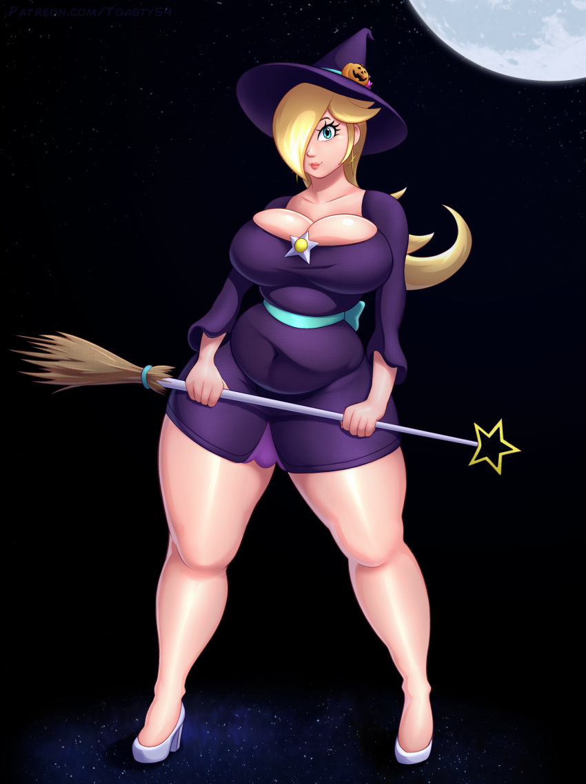 1girls 2022 bbw big_breasts big_thighs blonde_hair breasts chubby chubby_belly chubby_female costume earrings female halloween halloween_costume heels huge_breasts huge_thighs mario_(series) mario_kart mario_kart_tour nintendo one_eye_covered one_eye_obstructed overweight overweight_female princess_rosalina shiny_breasts shiny_hair shiny_skin solo_female solo_focus thick_thighs thighs tight_clothing toasty54 witch witch_costume witch_hat yellow_hair