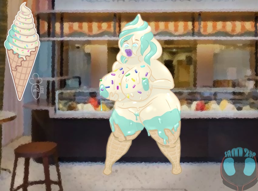 alternate_species aroused breast_squish breasts dessert dripping female food genitals hi_res human humanized humanoid ice_cream macyw mammal melting_ice_cream nipples overweight plump_labia puffy_lips puffy_nipples pussy sam2up solo sprinkles squish store sweets thick_thighs