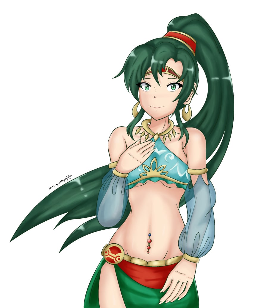 1girls alternate_costume breasts circlet crossover earrings female female_only fire_emblem fire_emblem:_the_blazing_blade gerudo gerudo_outfit gerudo_top green_eyes green_hair green_skirt hand_on_chest harem_outfit looking_at_viewer lyn_(fire_emblem) medium_breasts midriff navel_piercing nintendo ponytail side_slit skirt solo sonicheroxd the_legend_of_zelda tiara underboob