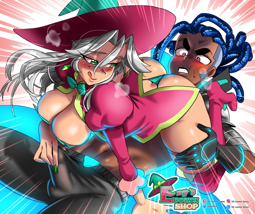 1girls ass breasts cleavage dark-skinned_male duo emy_(sasatseng) erection erection_under_clothes female female_focus huge_ass huge_breasts original original_character sasatseng teasing thick_thighs thigh_boots witch witch_hat