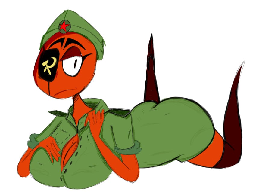 1girls artist_request ass countryhumans countryhumans_girl eye_patch green_clothing laying_down legwear looking_away mad_face open_clothing red_body safe sfw soviet_union_(countryhumans)