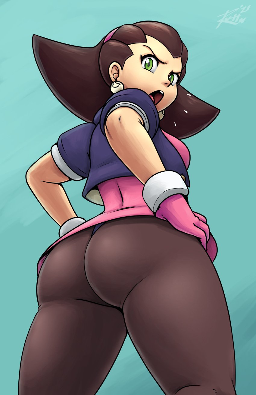 1girls annoyed annoyed_expression ass big_ass big_butt fat_ass female female_only green_eyes large_ass light-skinned_female light_skin looking_at_viewer looking_back looking_down low-angle_view mega_man mega_man_legends pantyhose revtilian solo solo_female soubriquetrouge tagme thick_ass tron_bonne viewed_from_below