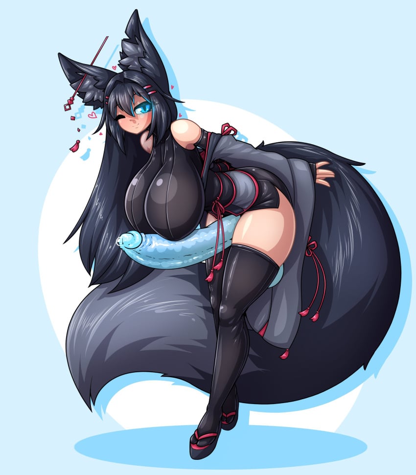 1futa 3rd_party_edit animal_ears balls blue_eyes blue_penis bottomless breasts clothed clothing edit fox_ears fox_girl fox_tail futa_only futanari humanoid humanoid_penis kemonomimi kiri_(sub-res) kitsune_with_glasses(editor) leaning leaning_forward light-skinned_futanari light_skin limebreaker long_sleeves looking_back mostly_clothed one_eye_closed original penis precum solo thighhighs