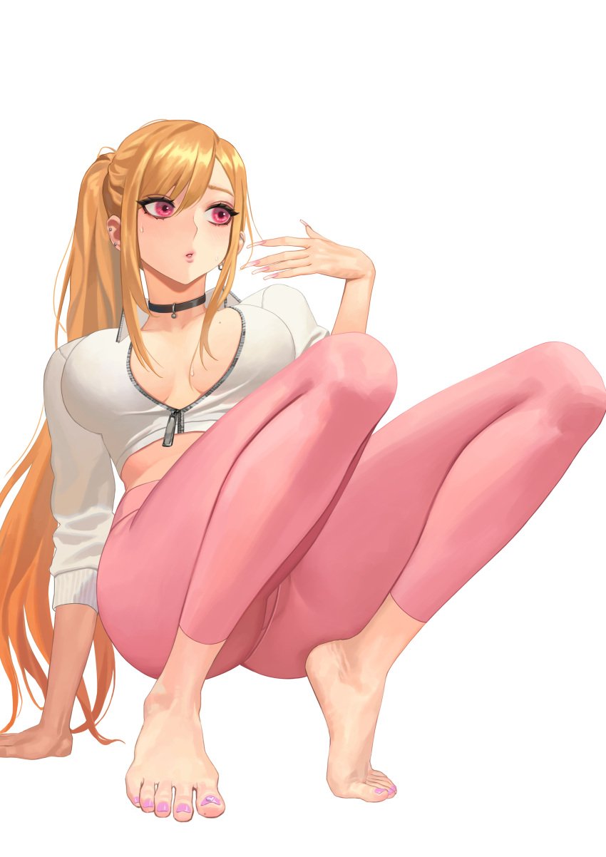 1girls 2022 :o absurdres alternate_hairstyle arm_support ass barefoot blonde_hair breasts breasts_apart choker collared_shirt crop_top fake_nails fanning_face feet female female_only fingernails gyaru highres hongcasso kitagawa_marin large_breasts leaning_back long_fingernails long_hair long_sleeves looking_away nail_polish no_bra pants partially_unzipped pink_eyes pink_nails pink_pants ponytail red_eyes shirt sidelocks simple_background soles solo sono_bisque_doll_wa_koi_wo_suru squatting sweatdrop tight tight_pants toenail_polish toenails toes v-neck very_long_hair yoga_pants