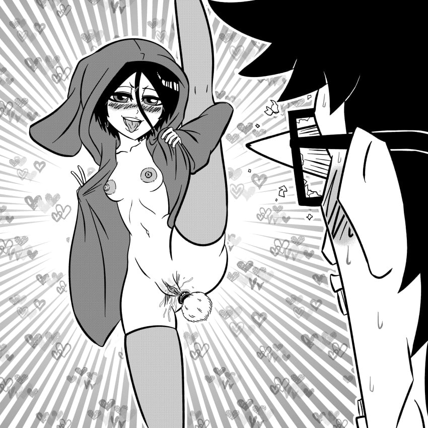 alternate_version_at_source anal_tail bleach coffeetheseeker elotch_brown_(coffeetheseeker) flashing flashing_pussy hoodie inviting inviting_to_sex kuchiki_rukia leg_up legwear male original_character self_upload sex_toy small_breasts surprised surprised_expression thighhighs wet_pussy