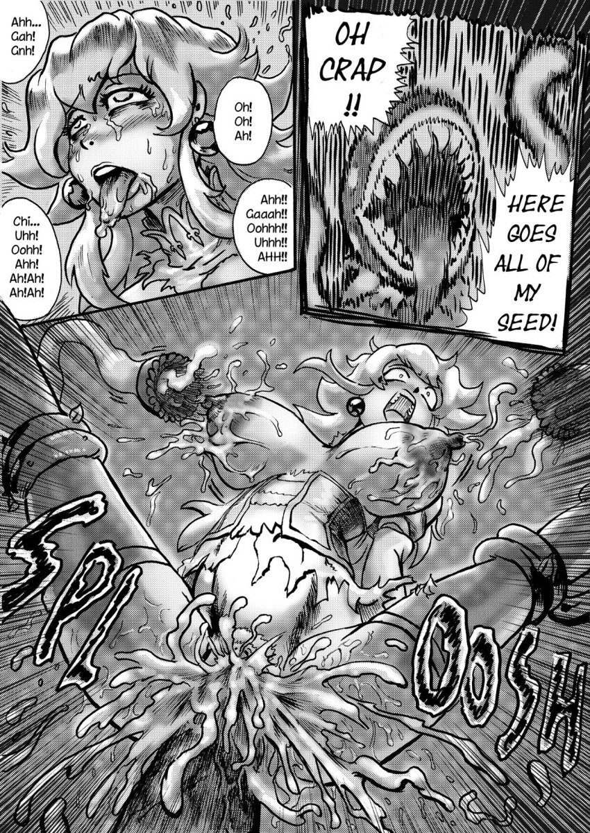 bigbangbloom black_and_white breast_milk breasts comic comic_page cum cum_in_pussy cum_inside dialogue earrings english_text excessive_cum lactating lactation mario_(series) milking_tentacles mind_break nintendo piranha_plant princess_peach saikyo3b sharp_teeth speech_bubble super_mario_bros. tagme tentacle tentacles tongue tongue_out upper_teeth