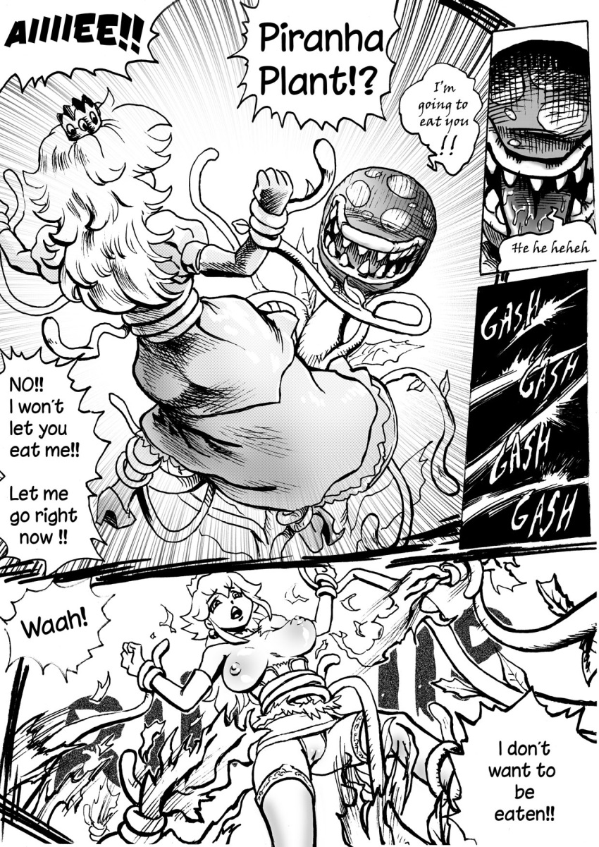 areola areolae big_breasts bigbangbloom black_and_white breasts comic comic_page crown dialogue english_text imminent_rape imminent_sex mario_(series) nintendo nipples piranha_plant plant plant_tentacle princess_peach restrained ripped_clothing saikyo3b speech_bubble super_mario_bros. tentacle tentacles torn_clothes vines