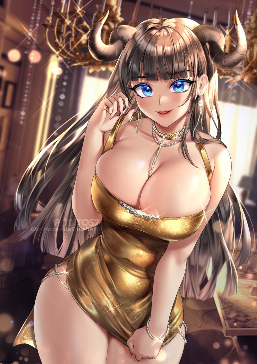 1girls big_breasts blue_eyes chandelier character_request copyright_request dress earring earrings female gold_dress horns huge_breasts looking_at_viewer necklace no_pants potetos7 pulling_down_dress pulling_dress_down short_dress solo sparkle sparkling sparkling_dress