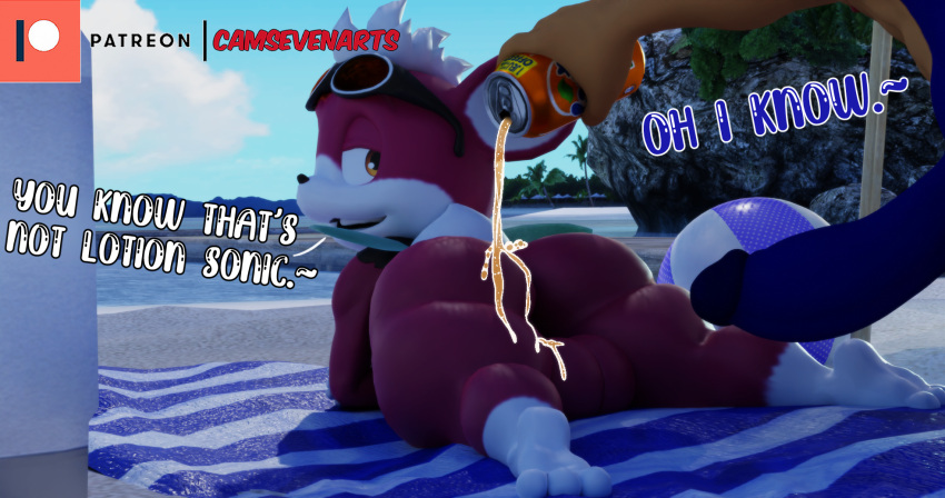 3d 3d_(artwork) anthro ass backsack ball balls beach beach_ball beach_towel bedroom_eyes beverage beverage_can big_butt blue_body blue_fur camseven chip_(sonic) digital_media_(artwork) duo english_text erection eulipotyphlan food food_fetish food_on_butt food_play fur genitals girly hair hedgehog hi_res inflatable looking_back lying male male/male mammal mixed_media narrowed_eyes on_front outside public public_exposure rear_view red_body red_fur seaside seductive sega size_difference smile soda sonic_(series) sonic_the_hedgehog sonic_the_hedgehog_(series) sonic_unleashed teapot_(body_type) text thick_thighs towel umbrella unknown_species watermark white_hair wide_hips wings