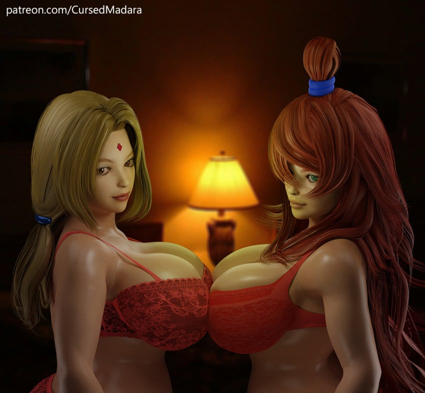 2girls 3d blonde_hair bra breast_docking breast_press breast_to_breast brown_eyes brown_hair busty cleavage cursedmadara docking female female/female female_only green_eyes huge_breasts implied_yuri in_profile lingerie lipstick looking_at_viewer looking_to_the_side makeup mature mature_female mei_terumi multiple_girls naruto naruto_(series) naruto_shippuden panties side_view sideboob tied_hair topknot tsunade twintails underwear upper_body voluptuous yuri