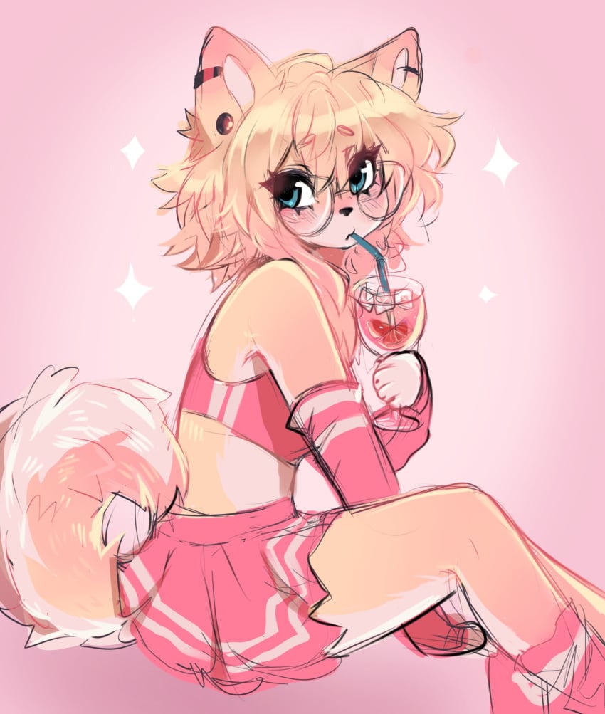 anakoluth anthro blonde_female blonde_fur blonde_hair blue_eyes cheerleader_uniform curled_tail dog_girl drink drinking drinking_straw furry glasses messy_hair piercing piercings sipping sitting sitting_on_floor skirt topwear