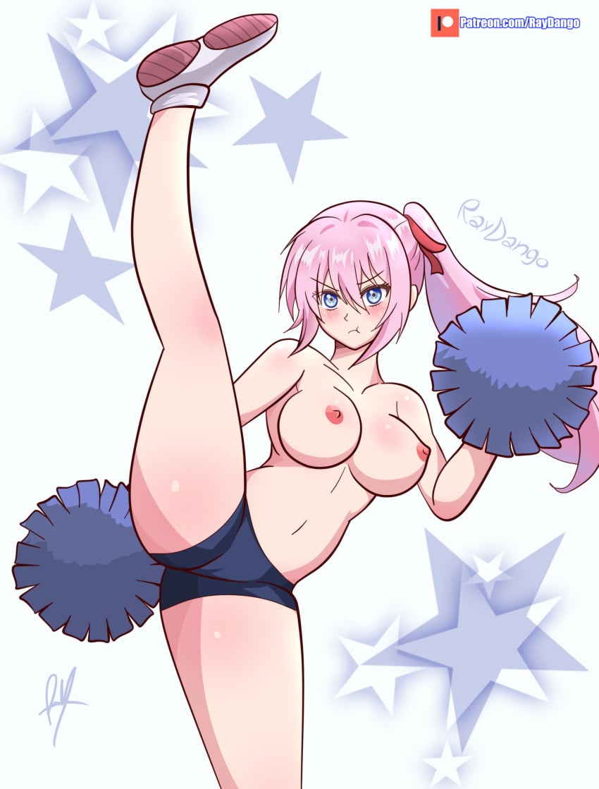 1girls areolae cheerleader female female_only kicking leg_up legs_apart light-skinned_female light_skin medium_breasts navel nipples panties pink_hair pom_poms ponytail pout raydango shikimori_micchon shorts solo split splits standing toned_female topless vertical_splits watermark