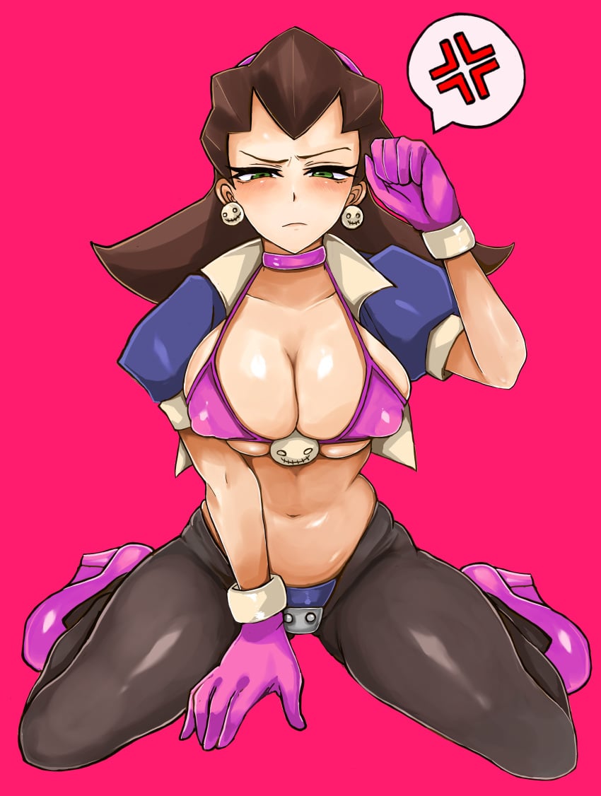 1girls annoyed big_breasts bikini bikini_top breasts brunette busty cleavage collar earrings gloves green_eyes heels jacket large_breasts mega_man mega_man_legends navel nipple_bulge on_knees open_jacket skin_tight tagme tron_bonne voluptuous washiwa