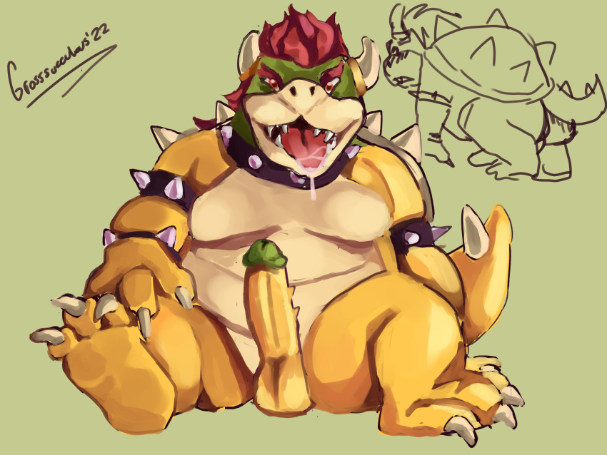 1boy 2022 anthro anthro_only bodily_fluids bowser claws drooling erection full_body genitals grosssuccubus hi_res koopa looking_at_viewer male male_only mario_(series) multiple_views nintendo nude open_mouth penis saliva scalie simple_background sitting solo teeth testicles video_games