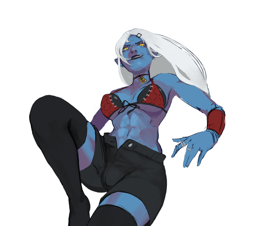 1futa 2022 abs absolute_territory big_breasts blue_skin breasts bulge bulge_through_clothing choker erothym fantasy fully_clothed futa_only futanari hairclip humanoid long_hair looking_at_viewer medium_breasts muscular muscular_futanari muscular_legs oc orc orc_futanari partially_clothed pinup purple_nipples shorts smile smirk solo solo_futa stockings thick_thighs thighhighs topless topless_futanari tusks white_hair yellow_eyes