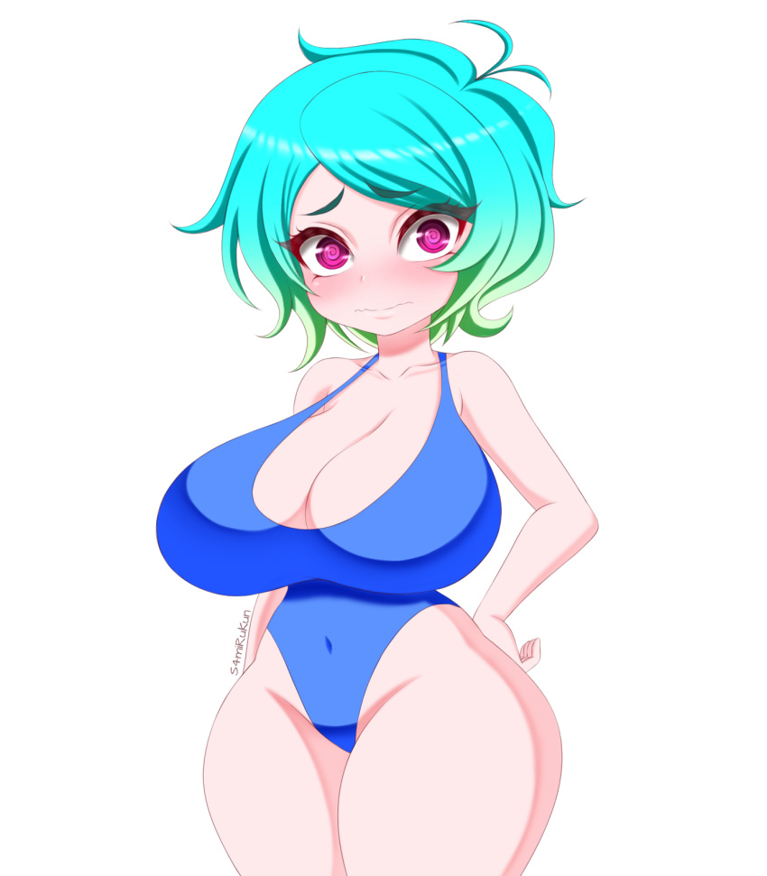 big_breasts blue_hair busty huge_breasts non_nude oc oppai purple_eyes s4mirukun short_hair shy solo solo_female swimsuit white_background