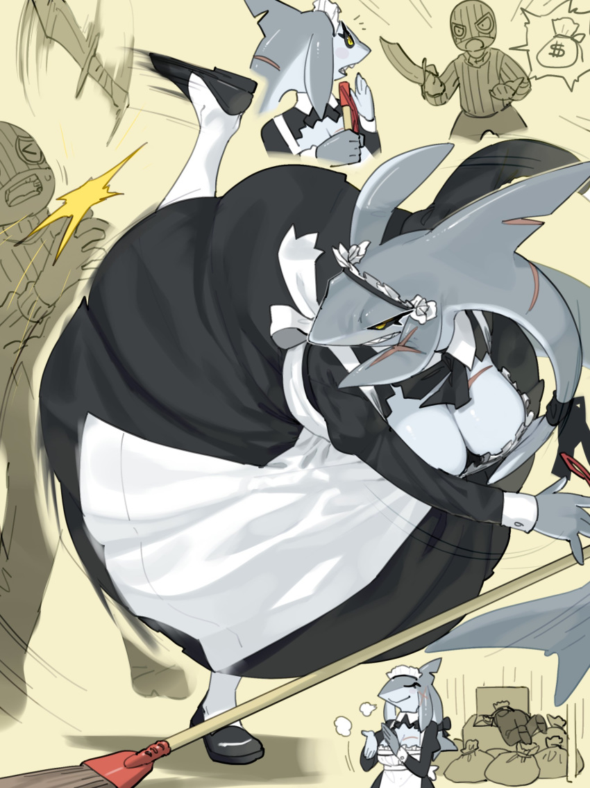 1girls anthro black_sclera breasts cleavage clothed clothing female fish hi_res holding_knife holding_object human kame_3 kick knife maid maid_uniform male mammal marine robbery scar shark shark_maid_(kame_3) uniform yellow_eyes