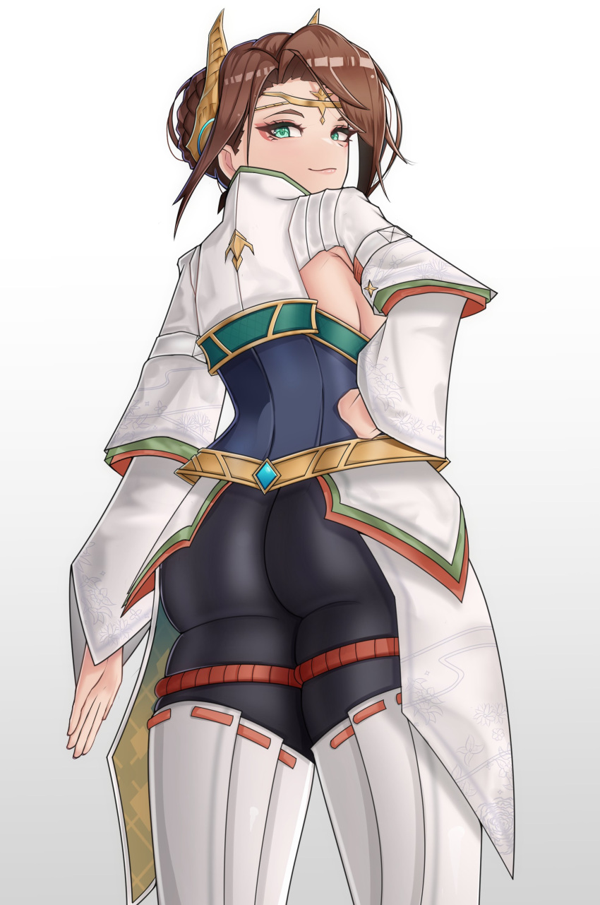 1girls absurd_res alexandria_(xenoblade) armpits ass big_ass black_legwear breasts brown_hair female green_eyes hand_on_hip highres large_ass large_breasts long_sleeves looking_at_viewer nintendo sideboob smile succducc888 thick_thighs thigh_boots thighs white_shirt white_thigh_boots xenoblade_(series) xenoblade_chronicles_3