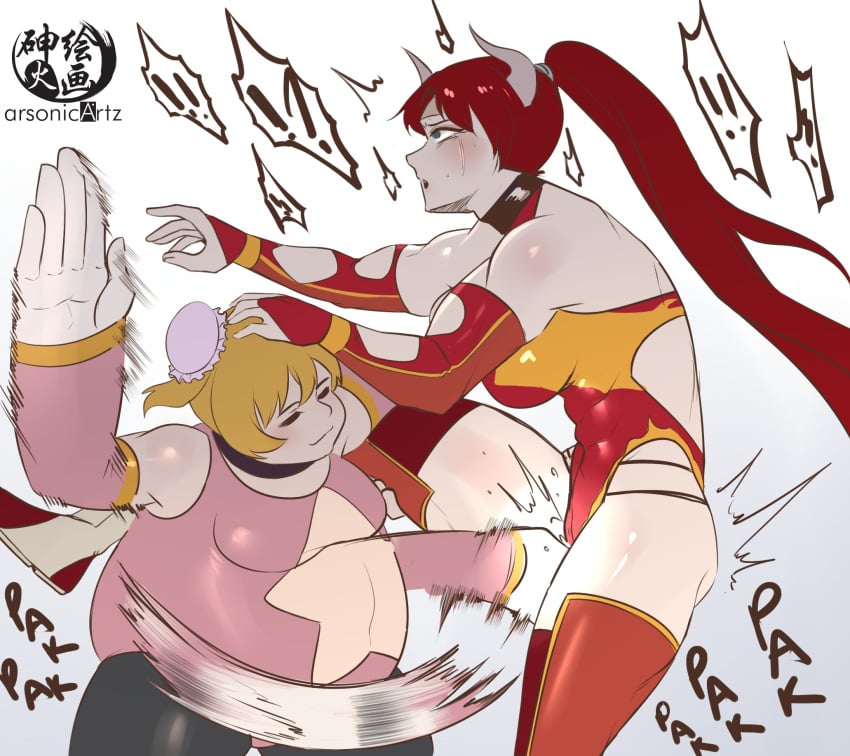 2girls absurd_res arsonichawt big_hands charlend_(arsonichawt) cow_girl cow_horns crying cunt_punt cuntbusting cyan_eyes defeated defeated_heroine fat_girl female female_only groin_attack groin_punch hi_res horns in_pain legs_held_open legs_up leotard lose losing_consciousness losing_fight low_blow muscular muscular_arms muscular_female muscular_thighs pain patty_(arsonichawt) pussy_slap pussy_spanking red_hair rolling_eyes ryona short_girl small_dom_big_sub speech_bubble taller_female taller_girl tears wrestling wrestling_outfit