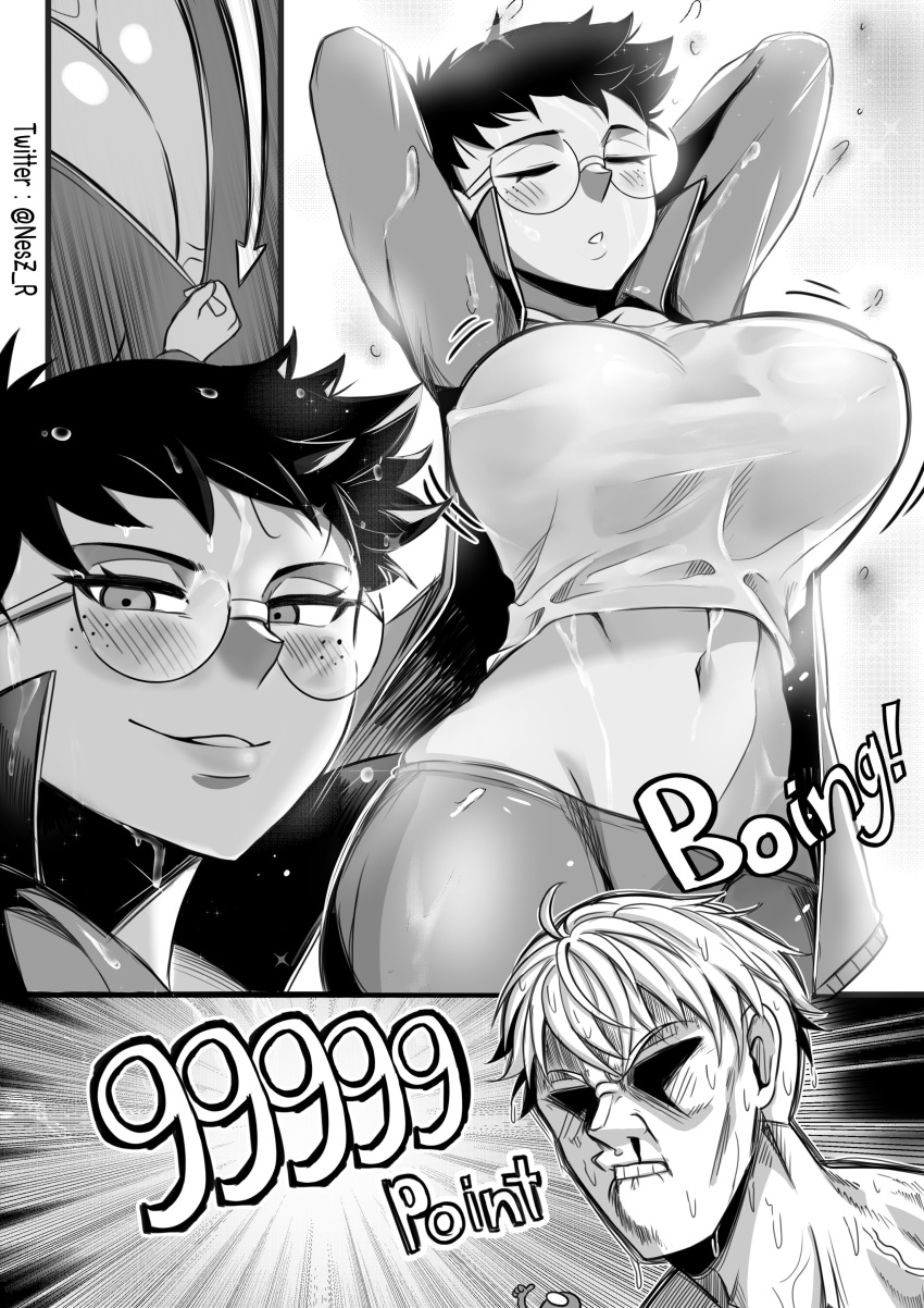 1boy 1boy1girl 1girls 2022 arms_behind_head big_breasts bouncing_breasts breasts female freckles glasses huge_breasts jane_(nesz) large_breasts male monochrome nesz nosebleed peter_(nesz) short_hair tomboy very_short_hair wet wet_clothes wet_shirt