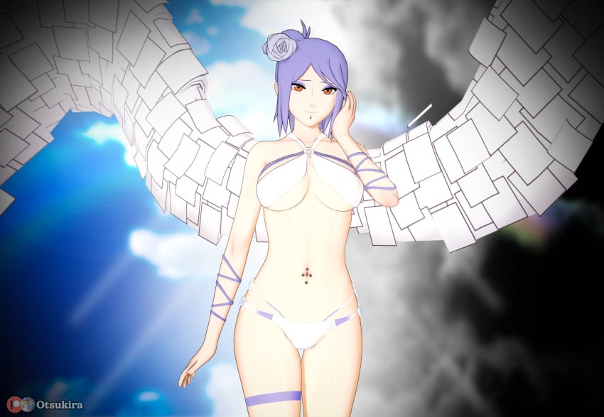 1girls 3d angel_wings bikini blue_hair breasts cleavage female female_only flower flower_in_hair hair_bun hair_ribbon koikatsu konan labret_piercing long_hair makeup mascara midriff naruto naruto_(series) naruto_shippuden navel navel_piercing orange_eyes otsukira paper piercing revealing_swimsuit side_bun smile solo solo_focus swimsuit tied_hair underboob wings