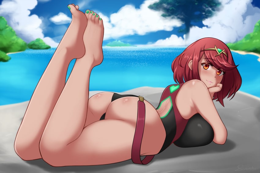 1girls ass bangs bare_legs barefoot beach breasts feet female hips huge_ass huge_breasts large_ass looking_at_viewer looking_back lying_on_stomach nintendo one-piece_swimsuit outdoors painted_toenails pyra red_eyes red_hair short_hair sorenstarz swept_bangs swimsuit thick_thighs thighs toes wide_hips xenoblade_(series) xenoblade_chronicles_2