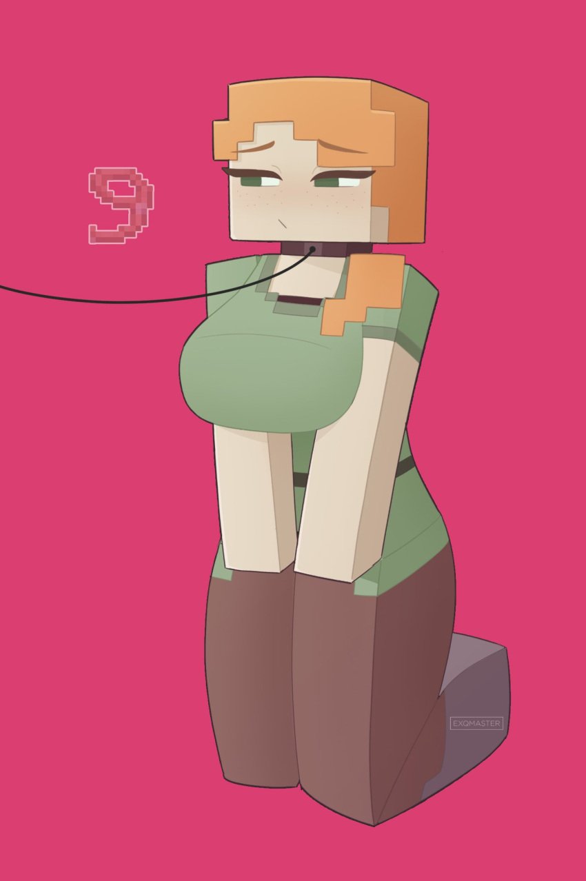 1girls alex_(minecraft) clothed collar exqmaster kneeling leash minecraft olive_skin orange_hair simple_background solo solo_female square_head tagme