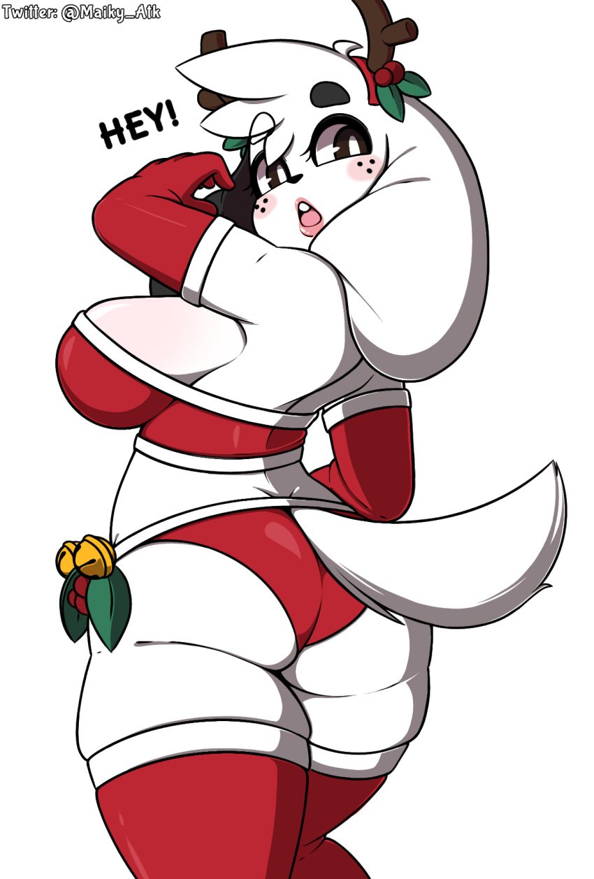 antlers bell bra breasts canid canine canis caught christmas clothing colored costume discovery_kids doki doki_(character) doki_(discovery_kids) doki_adventures domestic_dog edit female footwear hands_behind_head hi_res holidays horn knee_highs knee_socks legwear looking_at_viewer looking_back maiky_atk maiky_clenquer¡ mammal mascot mistletoe panties plant socks solo underwear