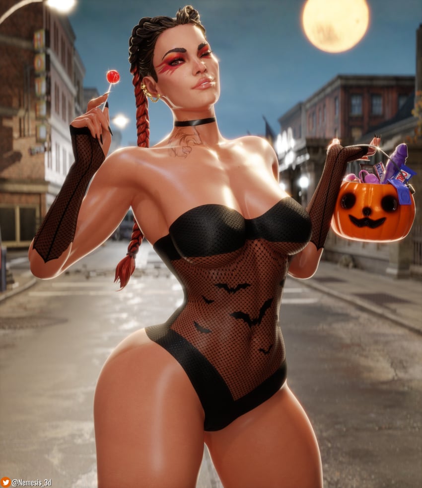 1girls 3d absurd_res apex_legends big_breasts black_nail_polish black_nails breasts choker dark-skinned_female female female_only halloween hi_res highres loba_(apex_legends) nail_polish nemesis_3d shiny_skin standing tattoo thick_thighs thighs wink