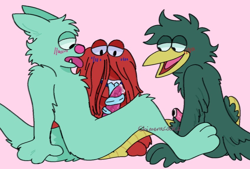 avian bird blowjob chimeracocks don't_hug_me_i'm_scared duck_guy_(dhmis) long_tongue male male_focus male_only morgan_(dhmis) oc_x_canon red_guy_(dhmis) self_insert spectating threesome