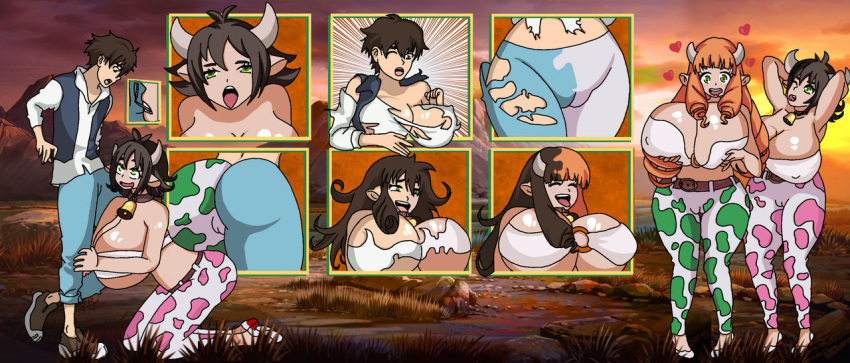 1boy 2girls 97tsukishima animal_ears ass ass_expansion bare_shoulders bell bell_collar bovid bovid_humanoid bovine_humanoid breast_expansion breasts breasts_bigger_than_head brown_hair cameltoe clothed clothing clothing_transformation collar cow_ears cow_girl cow_horns cow_pattern cowbell cowgirl curvy curvy_body curvy_female curvy_figure ear_growth eye_color_change female female_minotaur freckles freckles_on_face gender_transformation genderswap_(mtf) gigantic_breasts ginny_(ishuzoku_reviewers) great_pretender green_eyes groping groping_breasts groping_own_breasts guinea_(ishuzoku_reviewers) hair_color_change hair_growth heels horn_growth horns huge_breasts human_to_anthro ishuzoku_reviewers long_hair makoto_edamura male minotaur monster_girl mtf_transformation nipple_bulge nipples_visible_through_clothing open_mouth orange_hair pants pink_cow_print pussy_visible_through_clothes ripped_clothing ripped_pants ripped_shirt rule_63 shirt shoes short_hair thick_thighs thigh_expansion top_heavy top_heavy_breasts transformation transformation_sequence white_top wide_hips yuri