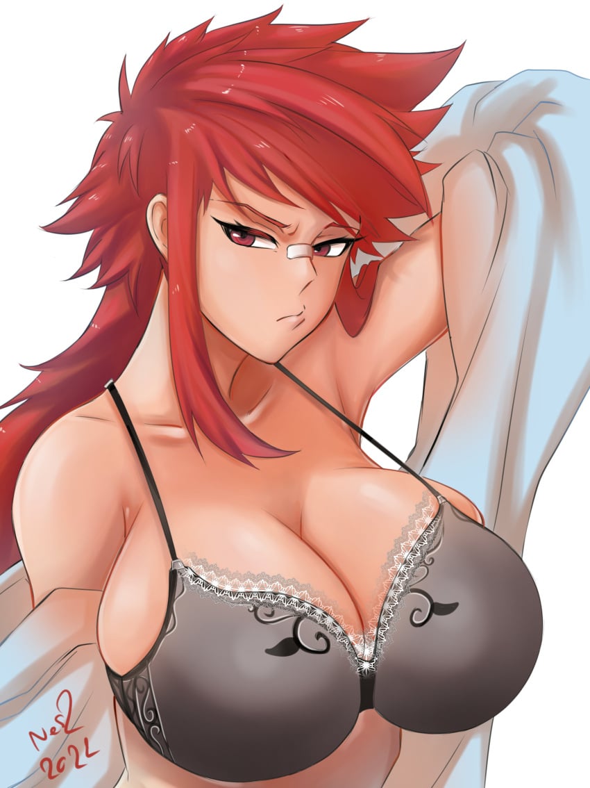 1girls 2022 big_breasts bra breasts cleavage female female_focus large_breasts long_hair looking_at_viewer matching_hair/eyes nesz red_eyes red_hair simple_background solo solo_female solo_focus tomboy upper_body white_background