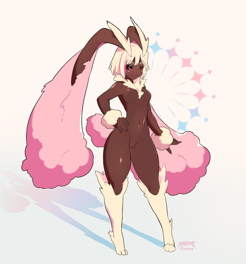 1girls absurd_res black_sclera breasts female female_only full_body hand_on_hip lopunny masvino narrowed_eyes nintendo pink_eyes pokémon_(species) pokemon pokemon_(species) smiling solo thick_thighs