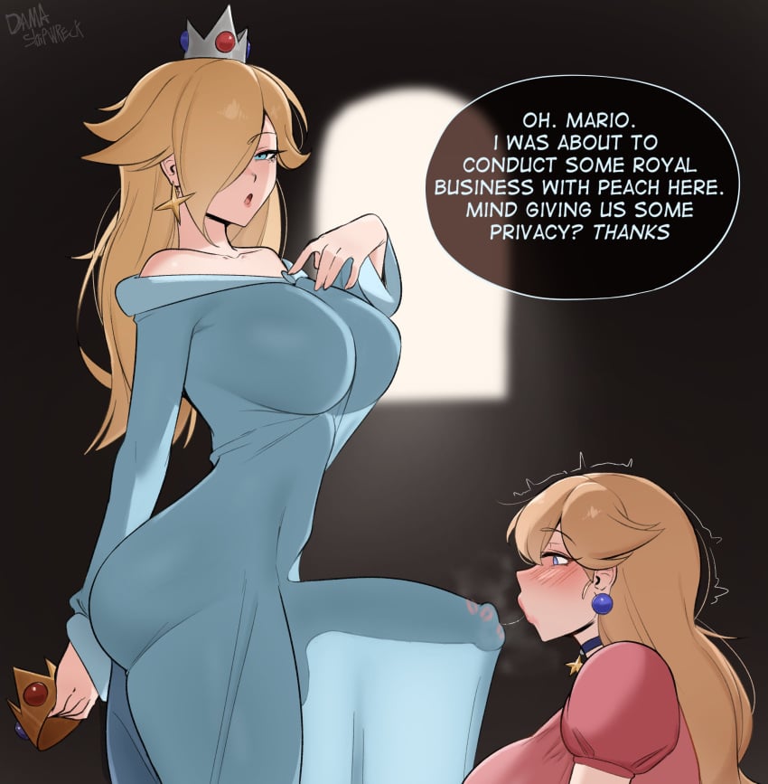 1futa 1girls 2026 2d blonde blonde_hair blue_eyes blush blush_lines blushing boobs breasts clothed clothing cock crown cucked_by_futa dama_shipwreck dialog dialogue dick dress earrings english english_text erect_penis erection erection_under_clothes female fully_clothed futa futa_on_female futa_with_female futanari genitals hair hair_over_one_eye hi_res highres huge_cock human imminent_fellatio imminent_oral intersex kiss_mark large_breasts light-skinned_female light-skinned_futa light_skin lipstick_mark long_hair looking_at_penis looking_at_viewer mario_(series) nintendo penis penis_awe pent_up princess_peach princess_rosalina rosalina_bulge_(meme) sisters standing super_mario_galaxy tenting text throbbing_penis