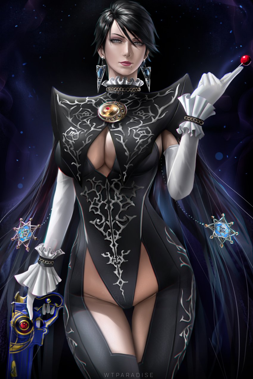 1girls bangs bayonetta bayonetta_(character) bayonetta_2 big_breasts black_dress black_hair blue_eyes breasts candy cleavage cleavage_cutout closed_mouth earrings elbow_gloves female female_focus female_only food frills gloves gun hand_up handgun hi_res high_resolution highres holding holding_object holding_weapon jewelry large_breasts leotard light-skinned_female light_skin lips lipstick lollipop looking_at_viewer makeup mole mole_under_mouth only_female shiny shiny_hair short_hair simple_background skin_tight solo solo_female thighs trigger_discipline we1cometoparadiseart weapon welcometoparadise white_gloves wtparadise