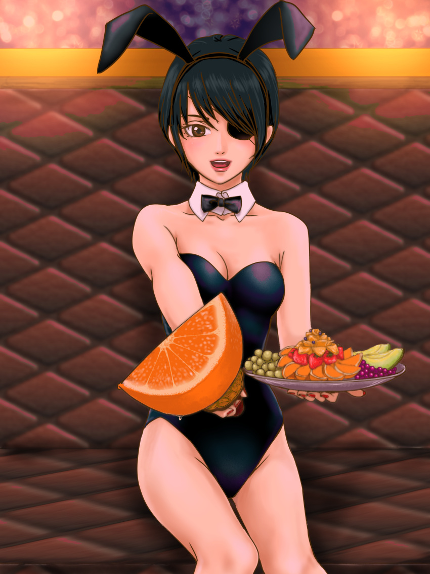 alternate_costume black_hair bowtie brown_eyes bunny_ears bunny_girl bunnysuit cleavage detached_collar eye_patch female female_only food fruit gintama lipstick looking_at_viewer myanko nail_polish official_alternate_hairstyle open_mouth playboy_bunny red_nails short_hair sitting small_breasts smile solo tomboy tray very_short_hair waitress yagyuu_kyuubei