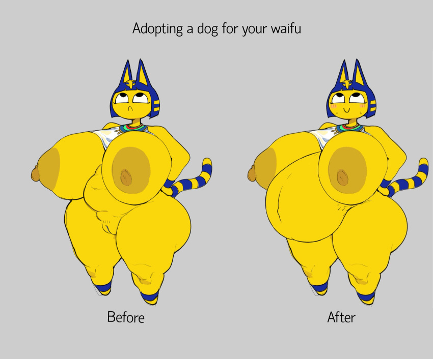 animal_crossing ankha ankha_(animal_crossing) anthro big_breasts blush breasts cham22 cheating cheating_female chubby_anthro chubby_female digital_drawing_(artwork) digital_media_(artwork) domestic_cat english_text felid feline felis female fur genitals happy hi_res implied_impregnation implied_sex impregnation interspecies_impregnation interspecies_pregnancy looking_up mammal navel netorare nintendo nipples ntr nude paternity_fraud pregnant pregnant_anthro pregnant_female pussy smile solo standing text thick_thighs yellow_body yellow_fur