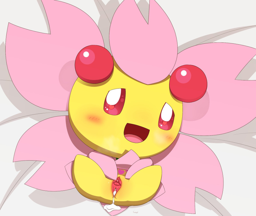 <3_eyes anus blush bodily_fluids cherrim cum cum_in_pussy cum_inside cum_pool female feral generation_4_pokemon genital_fluids genitals heart hi_res lying minami_(artist) nintendo on_back pink_body pink_eyes pokemon pokemon_(species) pussy solo spread_legs spread_pussy spreading sunshine_form_cherrim video_games yellow_body