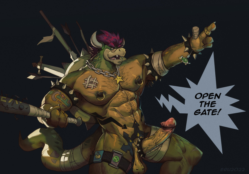 2022 accessory anthro armpit_hair balls baseball_bat bat_(object) black_background body_hair bowser bracelet chain_necklace chest_hair cock_ring dialogue english_text erection eruprior genitals hair hi_res horn jewelry koopa male male_only mario_(series) melee_weapon muscular muscular_anthro muscular_male nails necklace nintendo nipple_piercing nipples penis penis_accessory penis_jewelry piercing red_hair scalie simple_background solo speech_bubble spiked_bracelet spiked_cock_ring spikes super_mario_bros._(2023_film) sword text video_games weapon