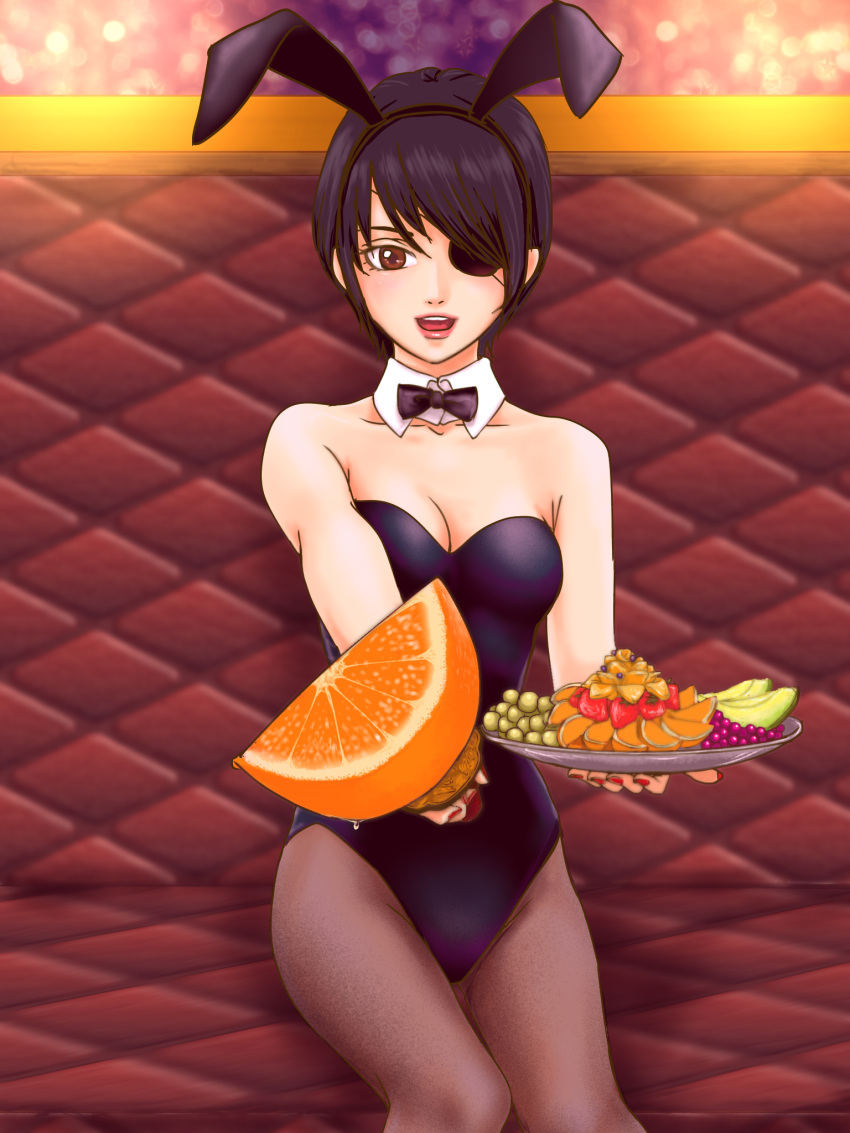 alternate_costume black_hair bowtie brown_eyes bunny_ears bunny_girl bunnysuit cleavage detached_collar eye_patch female female_only food fruit gintama hi_res lipstick looking_at_viewer myanko nail_polish official_alternate_hairstyle open_mouth playboy_bunny red_nails short_hair sitting small_breasts smile solo tomboy tray very_short_hair waitress yagyuu_kyuubei